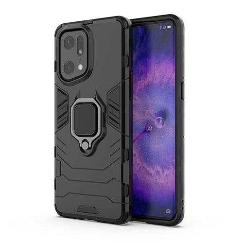 Silicone Matte Finish and Plastic Back Cover Case with Magnetic Finger Ring Stand for Oppo Find X5 Pro 5G Black