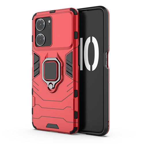 Silicone Matte Finish and Plastic Back Cover Case with Magnetic Finger Ring Stand for Oppo K10 5G Red