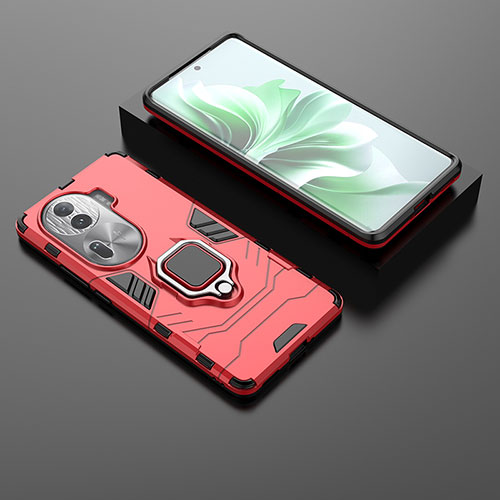 Silicone Matte Finish and Plastic Back Cover Case with Magnetic Finger Ring Stand for Oppo Reno11 Pro 5G Red