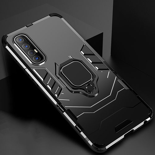 Silicone Matte Finish and Plastic Back Cover Case with Magnetic Finger Ring Stand for Oppo Reno3 Pro Black