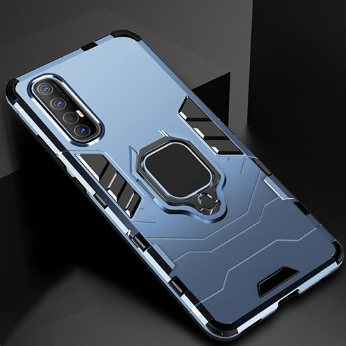 Silicone Matte Finish and Plastic Back Cover Case with Magnetic Finger Ring Stand for Oppo Reno3 Pro Blue