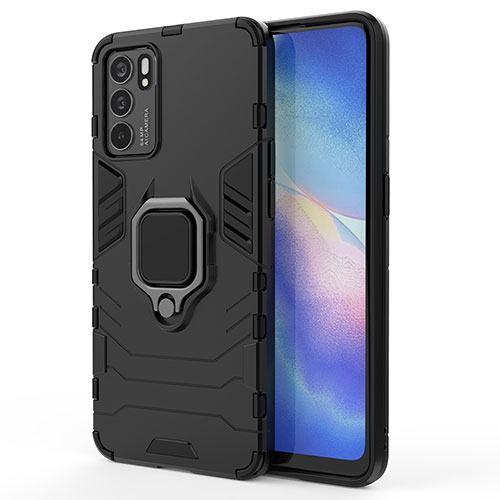 Silicone Matte Finish and Plastic Back Cover Case with Magnetic Finger Ring Stand for Oppo Reno6 5G Black