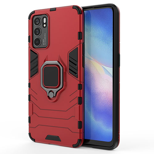 Silicone Matte Finish and Plastic Back Cover Case with Magnetic Finger Ring Stand for Oppo Reno6 5G Red