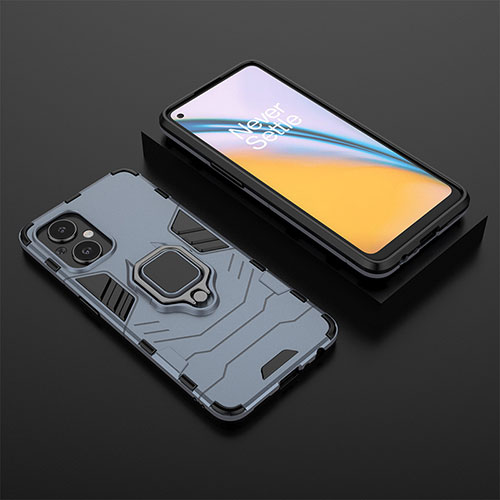 Silicone Matte Finish and Plastic Back Cover Case with Magnetic Finger Ring Stand for Oppo Reno7 Lite 5G Blue