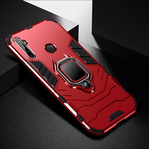 Silicone Matte Finish and Plastic Back Cover Case with Magnetic Finger Ring Stand for Realme 5 Pro Red