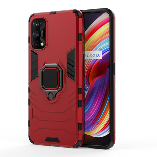 Silicone Matte Finish and Plastic Back Cover Case with Magnetic Finger Ring Stand for Realme 7 Pro Red