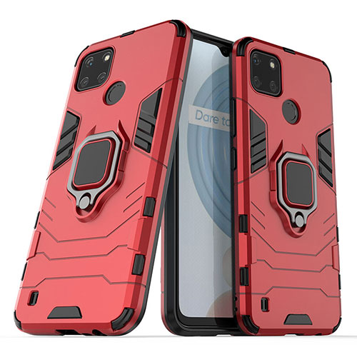 Silicone Matte Finish and Plastic Back Cover Case with Magnetic Finger Ring Stand for Realme C25Y Red