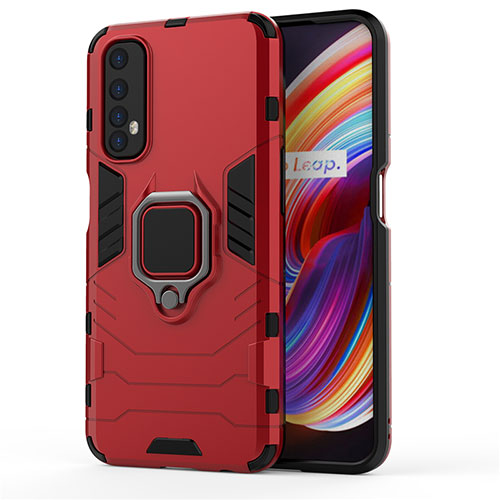 Silicone Matte Finish and Plastic Back Cover Case with Magnetic Finger Ring Stand for Realme Narzo 20 Pro Red