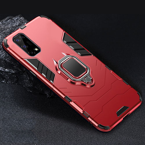 Silicone Matte Finish and Plastic Back Cover Case with Magnetic Finger Ring Stand for Realme Narzo 30 Pro 5G Red