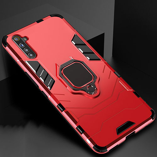 Silicone Matte Finish and Plastic Back Cover Case with Magnetic Finger Ring Stand for Realme XT Red