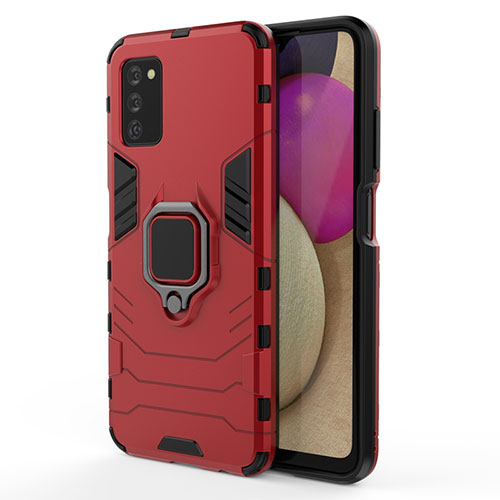 Silicone Matte Finish and Plastic Back Cover Case with Magnetic Finger Ring Stand for Samsung Galaxy A02s Red