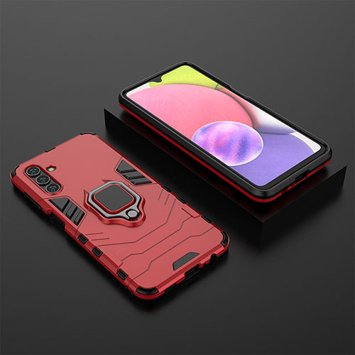 Silicone Matte Finish and Plastic Back Cover Case with Magnetic Finger Ring Stand for Samsung Galaxy A04s Red