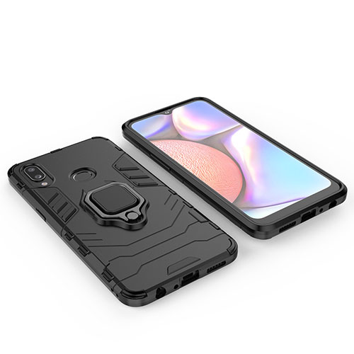 Silicone Matte Finish and Plastic Back Cover Case with Magnetic Finger Ring Stand for Samsung Galaxy A10s Black
