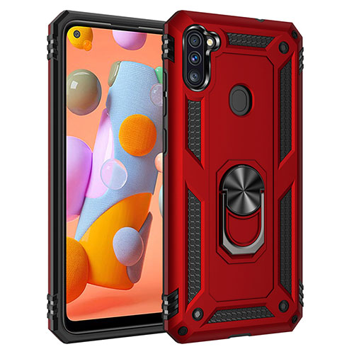 Silicone Matte Finish and Plastic Back Cover Case with Magnetic Finger Ring Stand for Samsung Galaxy A11 Red