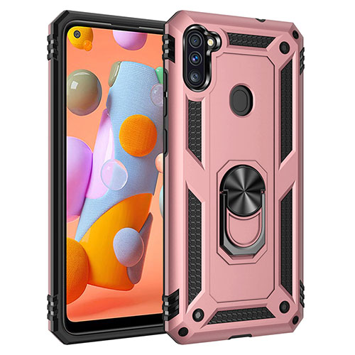 Silicone Matte Finish and Plastic Back Cover Case with Magnetic Finger Ring Stand for Samsung Galaxy A11 Rose Gold