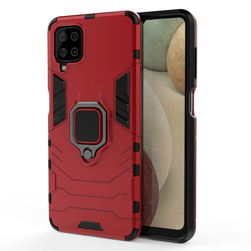 Silicone Matte Finish and Plastic Back Cover Case with Magnetic Finger Ring Stand for Samsung Galaxy A12 Nacho Red