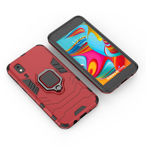 Silicone Matte Finish and Plastic Back Cover Case with Magnetic Finger Ring Stand for Samsung Galaxy A2 Core A260F A260G Red