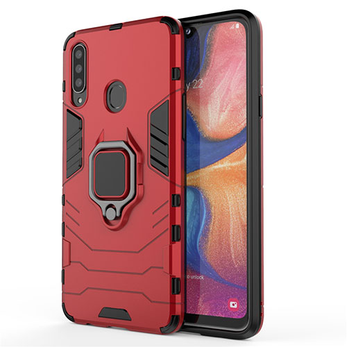 Silicone Matte Finish and Plastic Back Cover Case with Magnetic Finger Ring Stand for Samsung Galaxy A20s Red