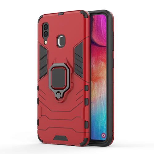 Silicone Matte Finish and Plastic Back Cover Case with Magnetic Finger Ring Stand for Samsung Galaxy A30 Red