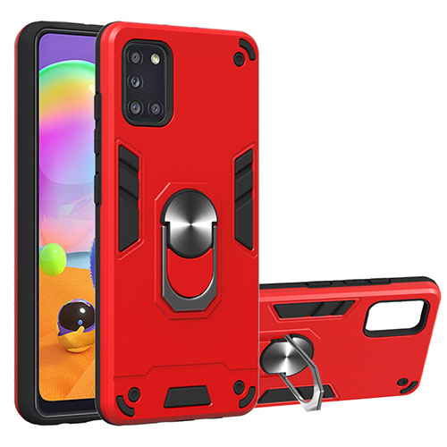 Silicone Matte Finish and Plastic Back Cover Case with Magnetic Finger Ring Stand for Samsung Galaxy A31 Red