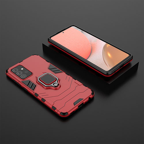 Silicone Matte Finish and Plastic Back Cover Case with Magnetic Finger Ring Stand for Samsung Galaxy A72 4G Red