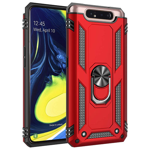 Silicone Matte Finish and Plastic Back Cover Case with Magnetic Finger Ring Stand for Samsung Galaxy A80 Red