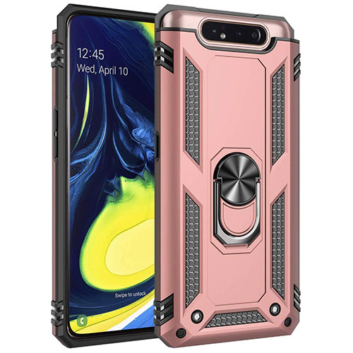 Silicone Matte Finish and Plastic Back Cover Case with Magnetic Finger Ring Stand for Samsung Galaxy A90 4G Rose Gold