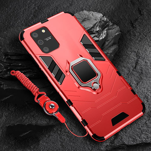 Silicone Matte Finish and Plastic Back Cover Case with Magnetic Finger Ring Stand for Samsung Galaxy A91 Red