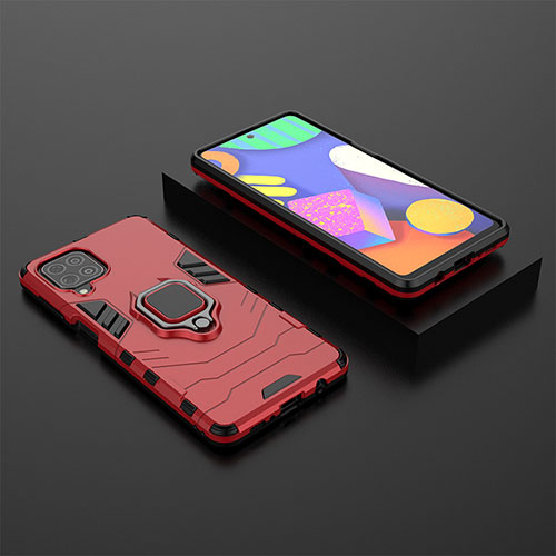 Silicone Matte Finish and Plastic Back Cover Case with Magnetic Finger Ring Stand for Samsung Galaxy F62 5G Red