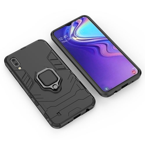 Silicone Matte Finish and Plastic Back Cover Case with Magnetic Finger Ring Stand for Samsung Galaxy M10 Black