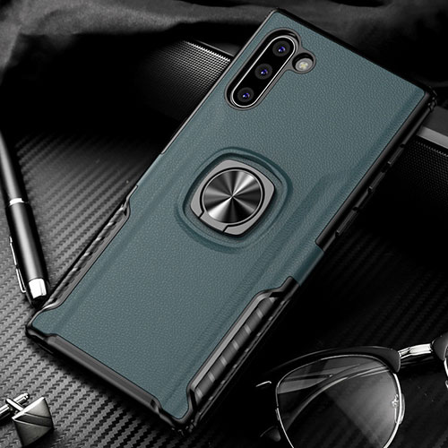 Silicone Matte Finish and Plastic Back Cover Case with Magnetic Finger Ring Stand for Samsung Galaxy Note 10 Green