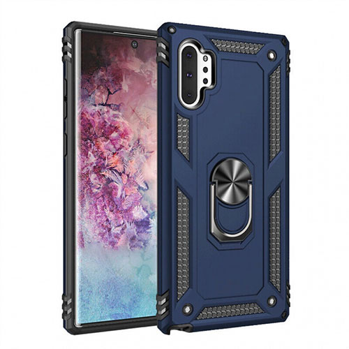 Silicone Matte Finish and Plastic Back Cover Case with Magnetic Finger Ring Stand for Samsung Galaxy Note 10 Plus 5G Blue