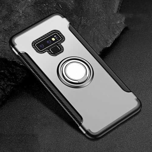 Silicone Matte Finish and Plastic Back Cover Case with Magnetic Finger Ring Stand for Samsung Galaxy Note 9 Silver