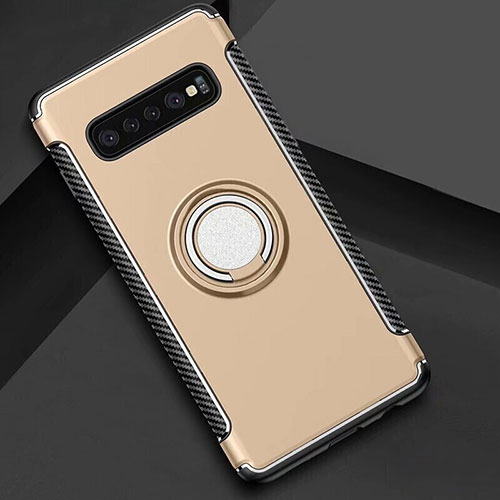 Silicone Matte Finish and Plastic Back Cover Case with Magnetic Finger Ring Stand for Samsung Galaxy S10 Gold