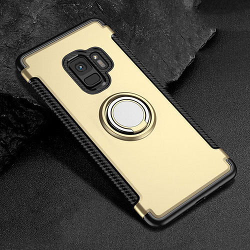 Silicone Matte Finish and Plastic Back Cover Case with Magnetic Finger Ring Stand for Samsung Galaxy S9 Gold