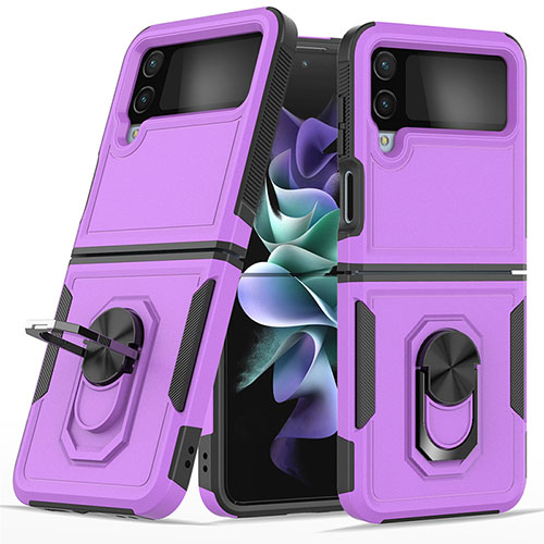 Silicone Matte Finish and Plastic Back Cover Case with Magnetic Finger Ring Stand for Samsung Galaxy Z Flip4 5G Purple