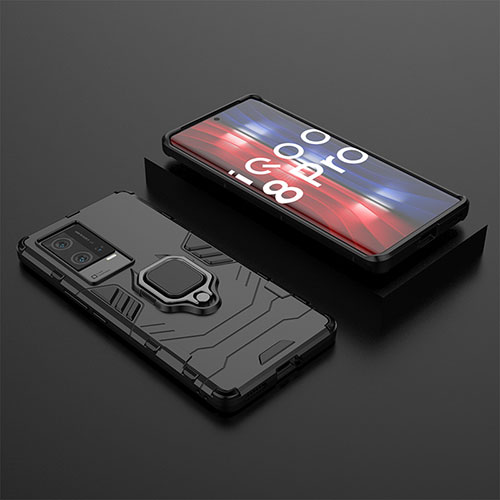 Silicone Matte Finish and Plastic Back Cover Case with Magnetic Finger Ring Stand for Vivo iQOO 8 Pro 5G Black