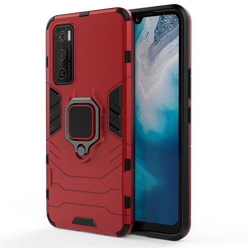 Silicone Matte Finish and Plastic Back Cover Case with Magnetic Finger Ring Stand for Vivo V20 SE Red