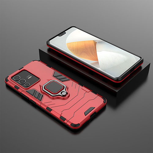 Silicone Matte Finish and Plastic Back Cover Case with Magnetic Finger Ring Stand for Vivo V23 Pro 5G Red