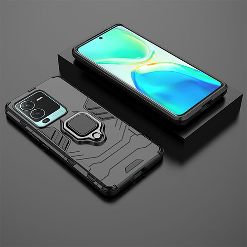 Silicone Matte Finish and Plastic Back Cover Case with Magnetic Finger Ring Stand for Vivo V25 Pro 5G Black