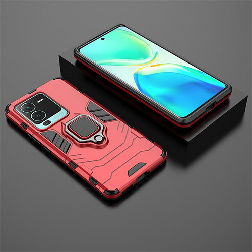 Silicone Matte Finish and Plastic Back Cover Case with Magnetic Finger Ring Stand for Vivo V25 Pro 5G Red