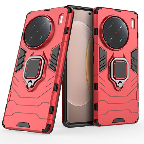 Silicone Matte Finish and Plastic Back Cover Case with Magnetic Finger Ring Stand for Vivo X90 Pro+ Plus 5G Red