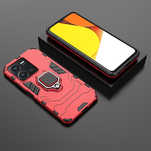 Silicone Matte Finish and Plastic Back Cover Case with Magnetic Finger Ring Stand for Vivo Y35 4G Red