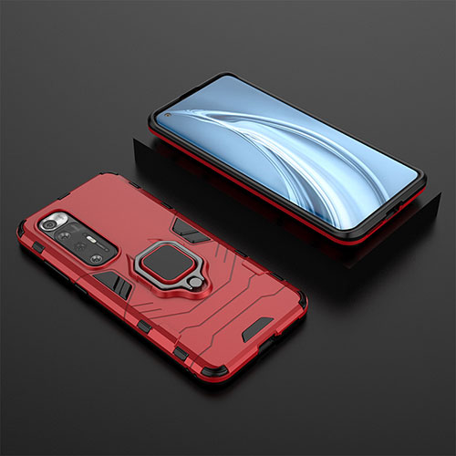 Silicone Matte Finish and Plastic Back Cover Case with Magnetic Finger Ring Stand for Xiaomi Mi 10S 5G Red