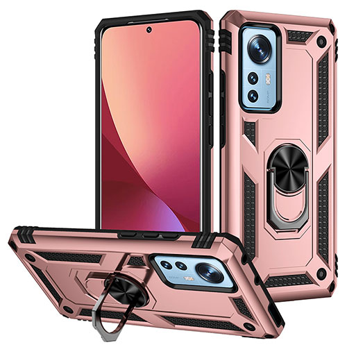 Silicone Matte Finish and Plastic Back Cover Case with Magnetic Finger Ring Stand for Xiaomi Mi 12S 5G Rose Gold