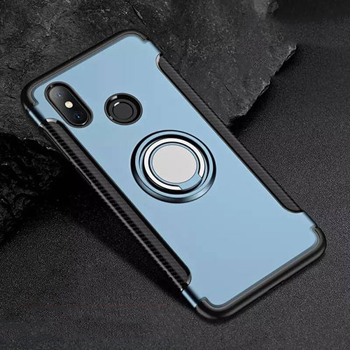 Silicone Matte Finish and Plastic Back Cover Case with Magnetic Finger Ring Stand for Xiaomi Mi 8 Blue