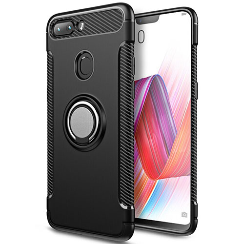 Silicone Matte Finish and Plastic Back Cover Case with Magnetic Finger Ring Stand for Xiaomi Mi 8 Lite Black