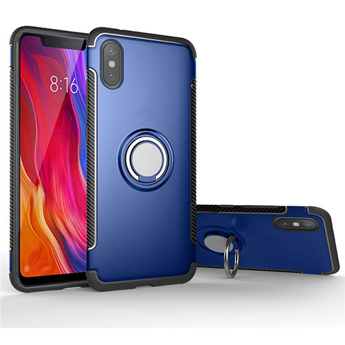 Silicone Matte Finish and Plastic Back Cover Case with Magnetic Finger Ring Stand for Xiaomi Mi 8 Pro Global Version Blue