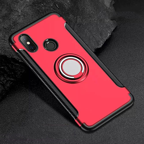 Silicone Matte Finish and Plastic Back Cover Case with Magnetic Finger Ring Stand for Xiaomi Mi 8 Red