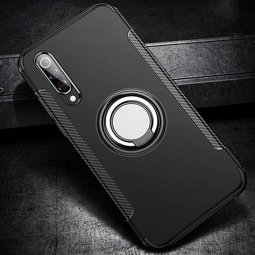 Silicone Matte Finish and Plastic Back Cover Case with Magnetic Finger Ring Stand for Xiaomi Mi 9 Lite Black